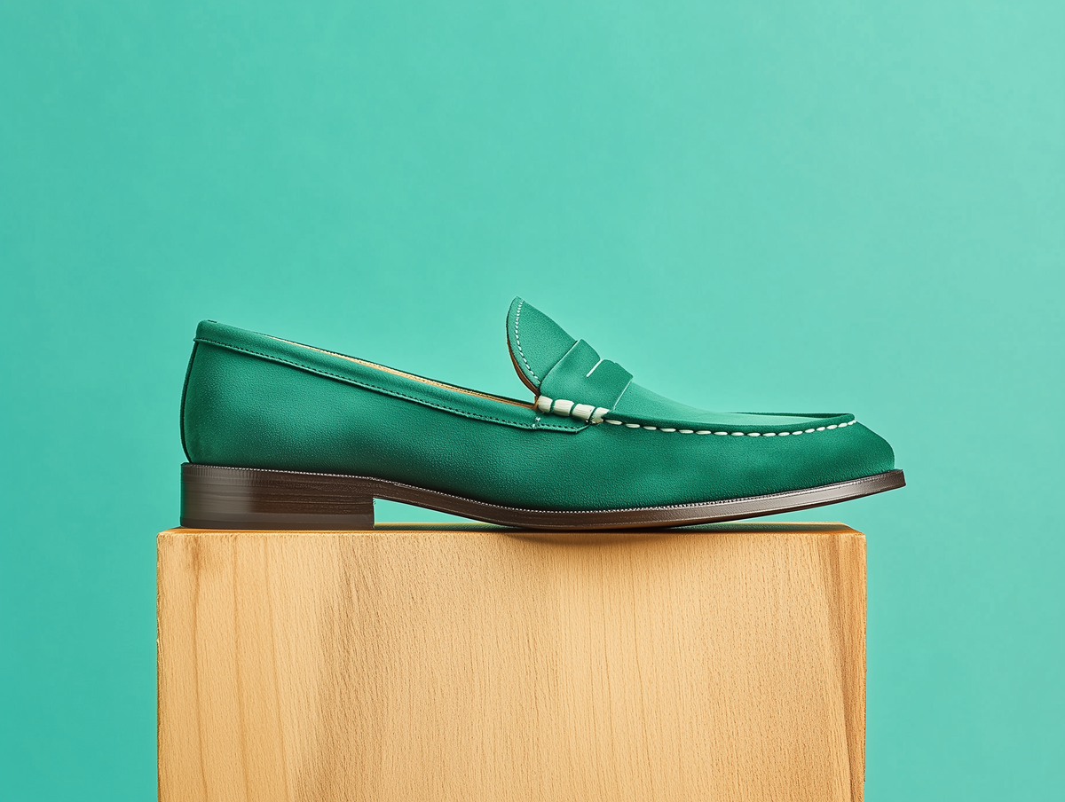 Bondeno Livia bespoke penny loafer in jade green suede, side profile on a wooden plinth