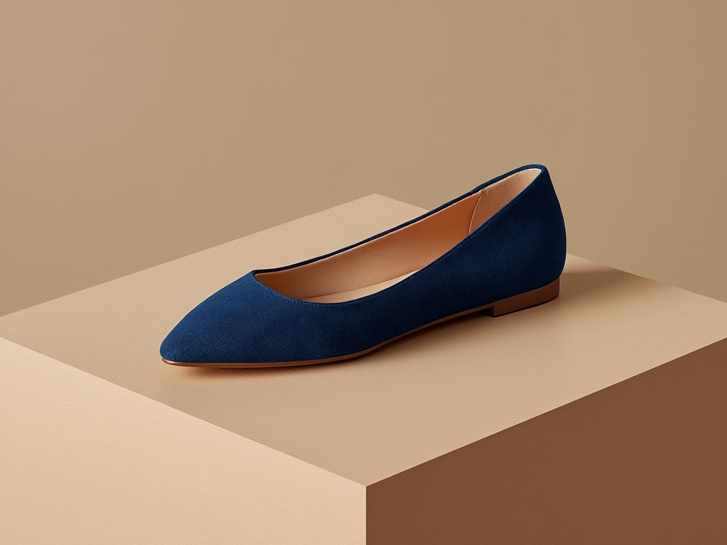 Bondeno Lucia bespoke ballet flat in navy blue suede, side view on a wooden block