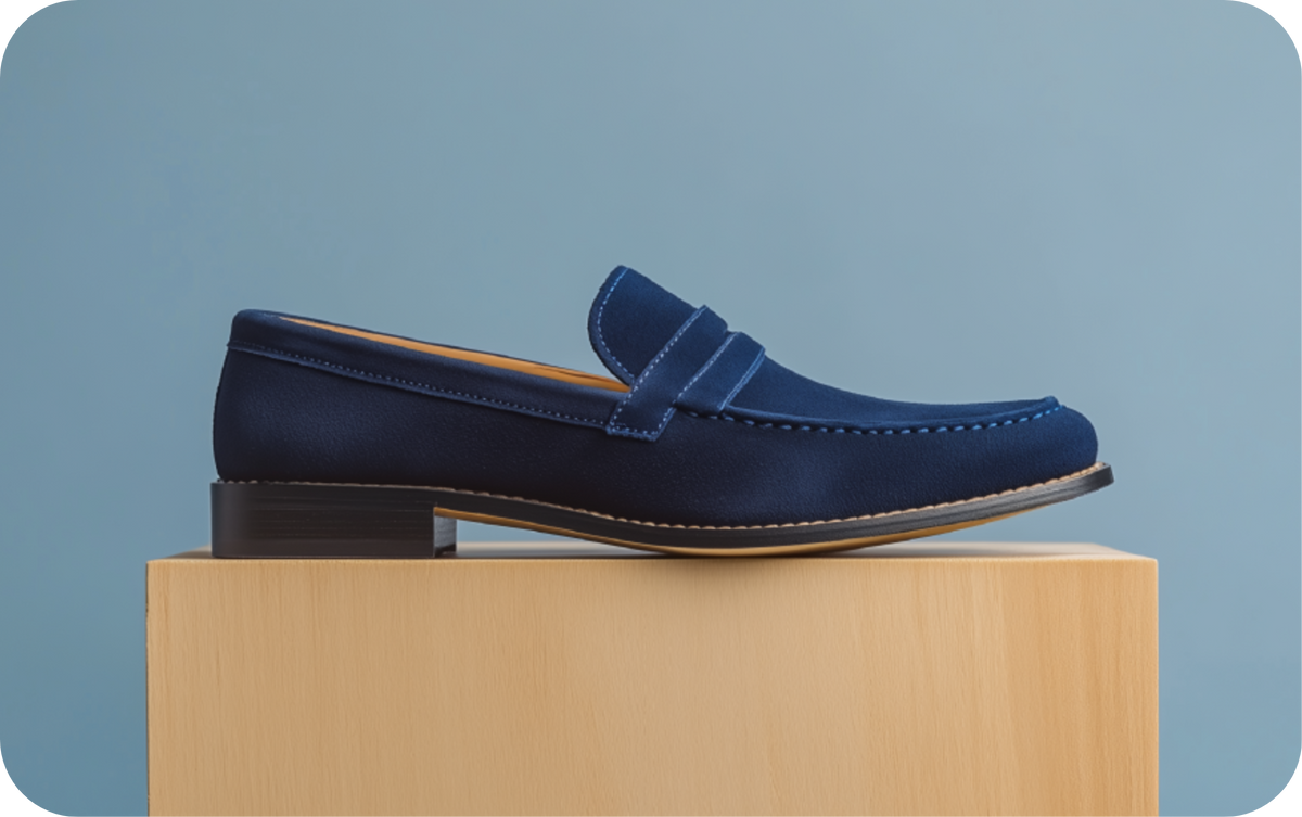 Navy blue suede penny loafer on a wooden block, Bondeno Bespoke Loafers Gift Card