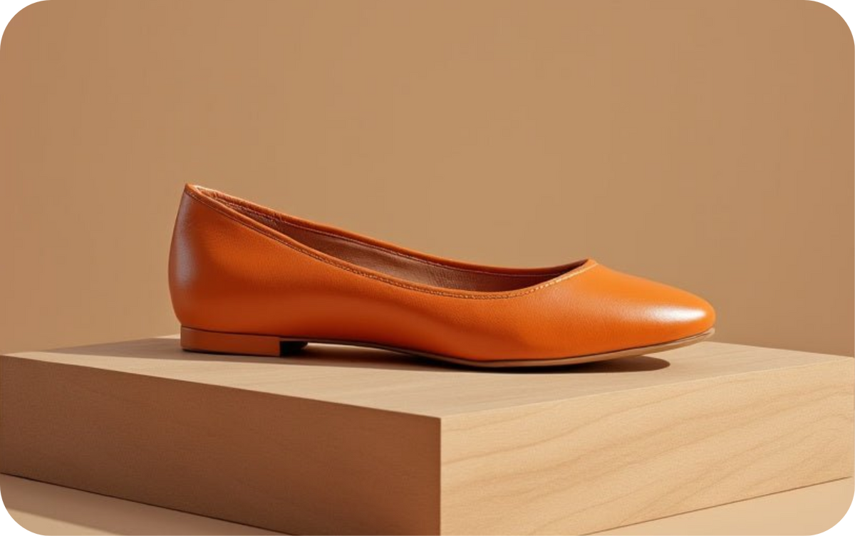 Orange leather ballet flat on a wooden block, Bondeno Bespoke Ballet Flats Gift Card