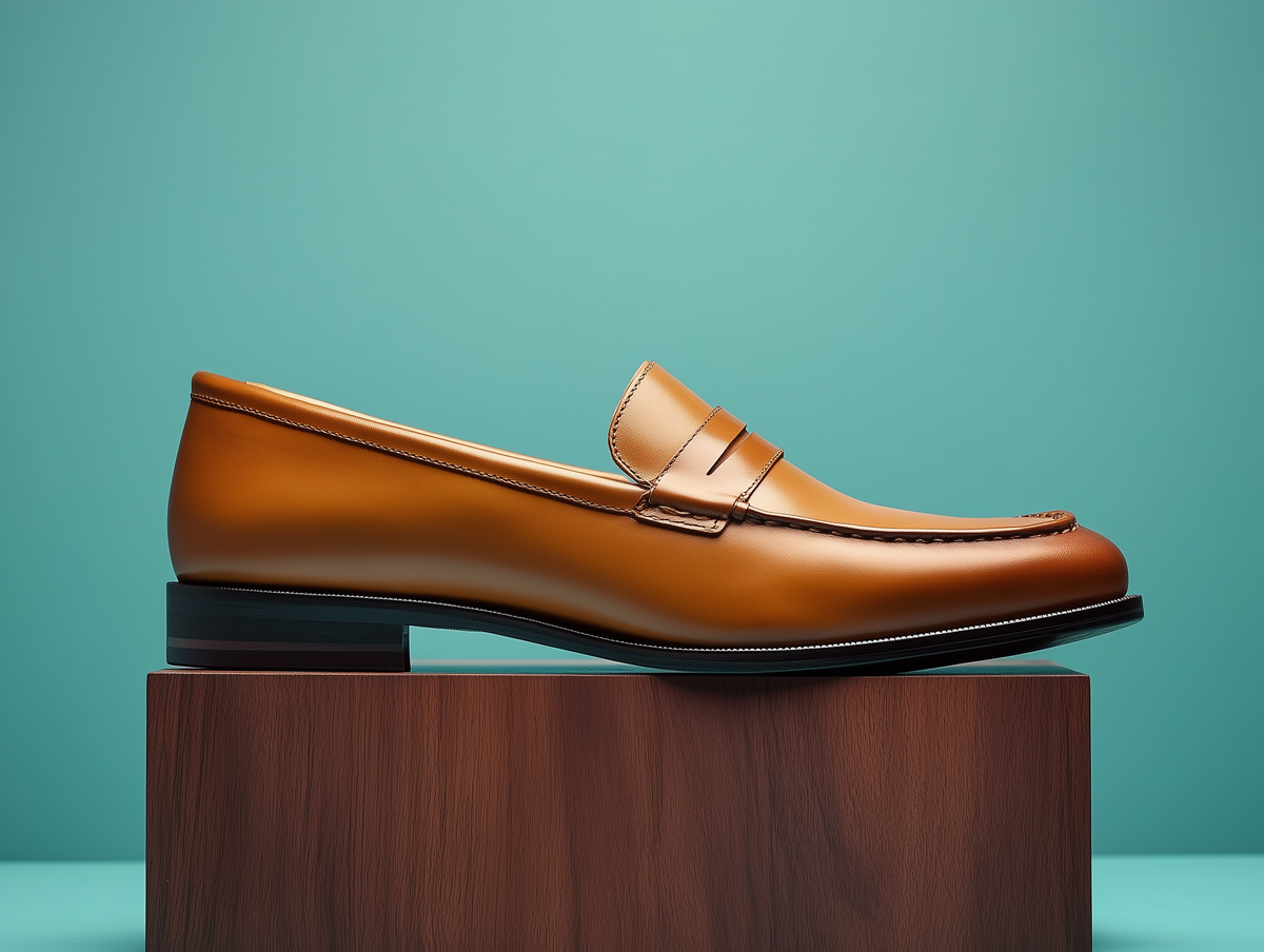 Bondeno Pasquale bespoke penny loafer in tan calfskin, side profile on a wooden plinth