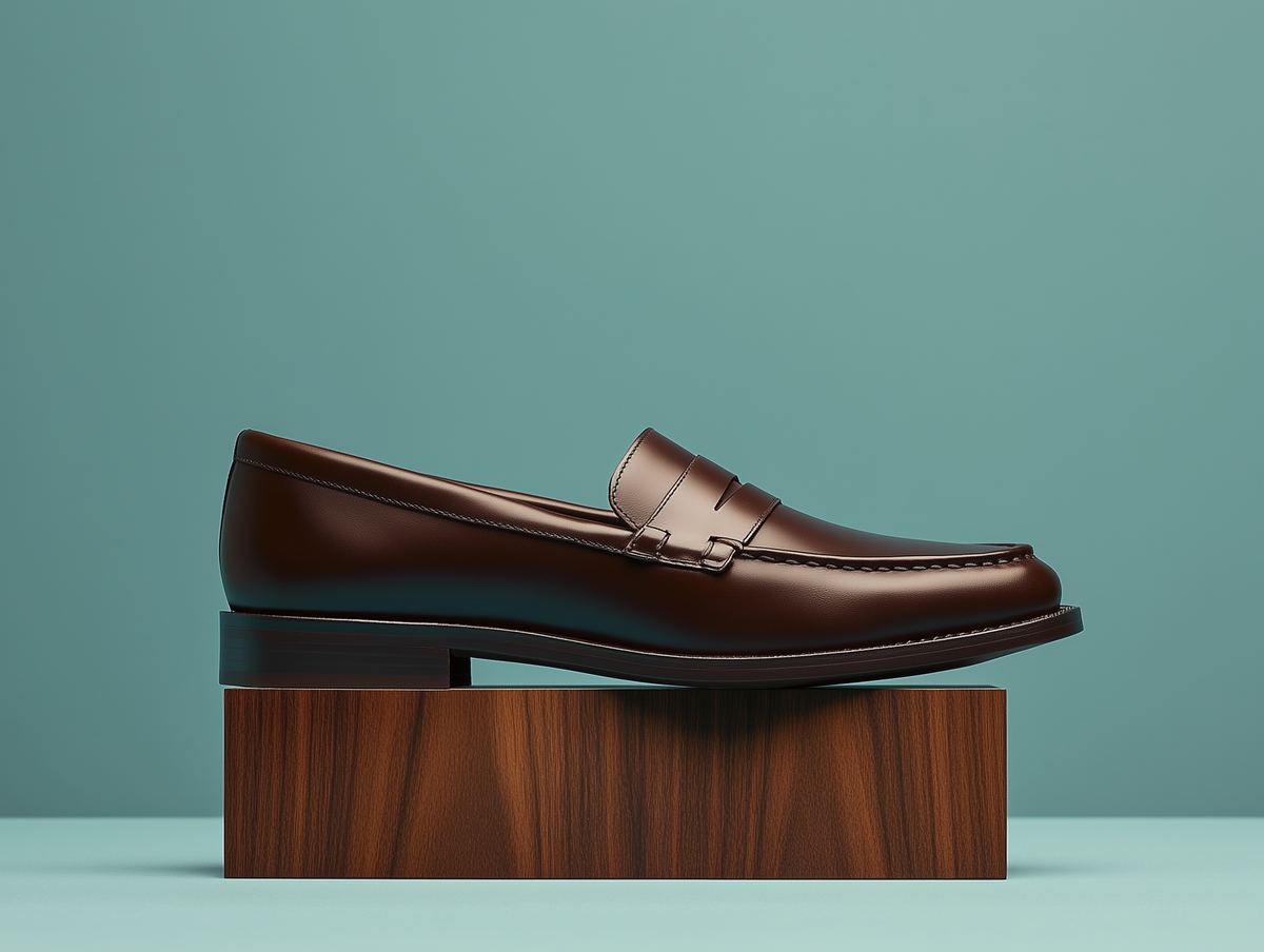 Bondeno Remo bespoke penny loafer in dark brown calfskin, side profile on a wooden plinth