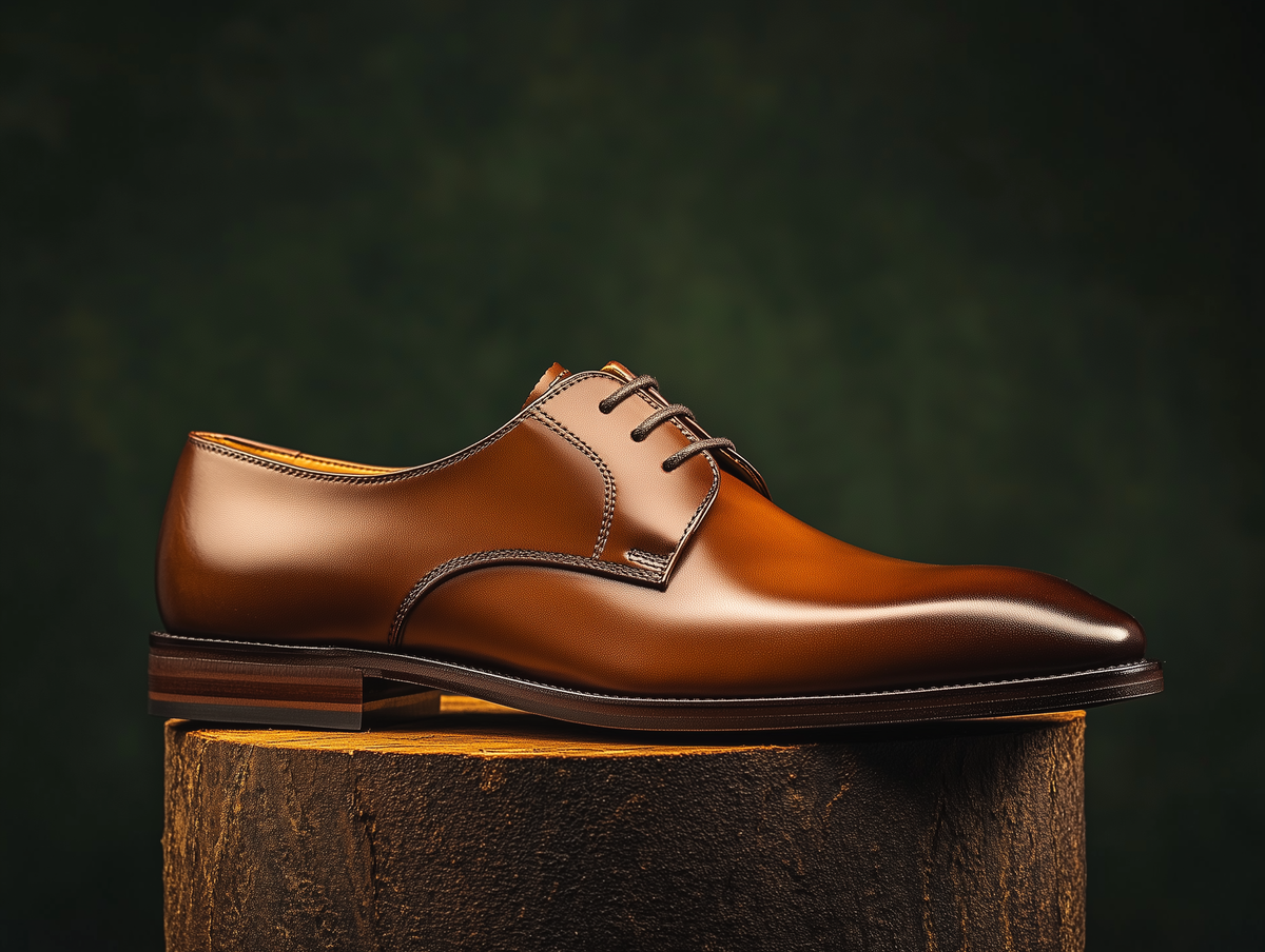 Bondeno Renato bespoke plain-toe Derby in brown calfskin, side profile on a wooden plinth