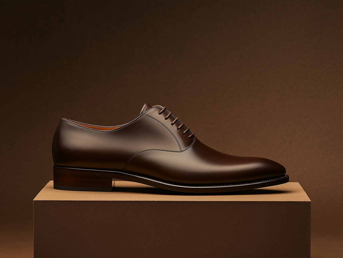 Bondeno Rocco bespoke semi-wholecut Oxford in dark brown calfskin, side profile on a wooden plinth
