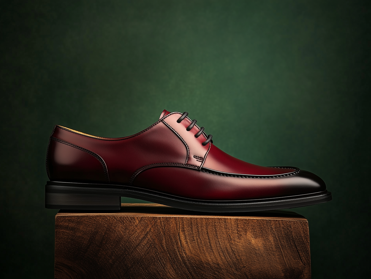 Bondeno Rolando bespoke apron-toe Derby in burgundy calfskin, side profile on a wooden plinth