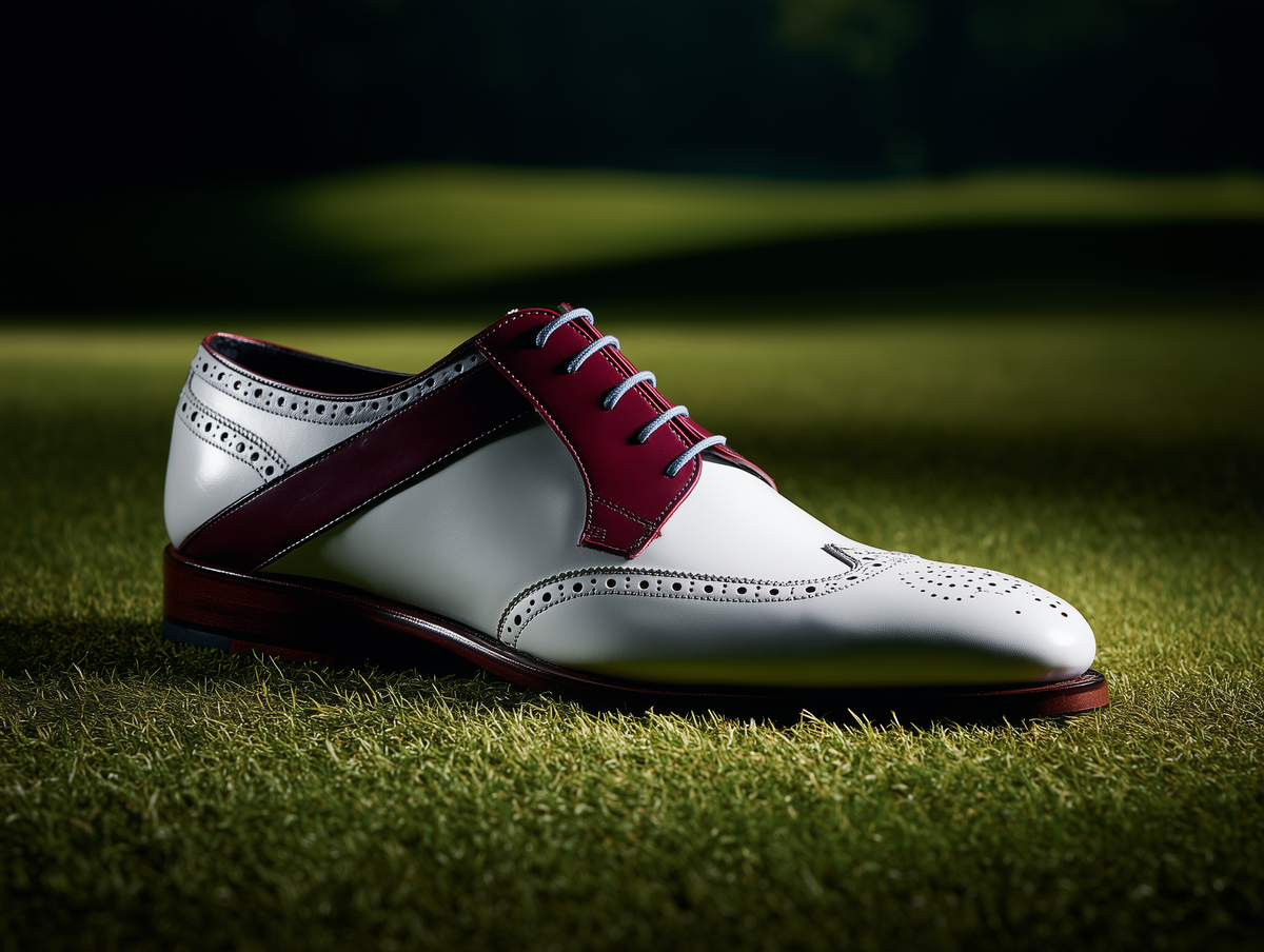 Bondeno Romo bespoke golf shoe in white and burgundy on a golf course