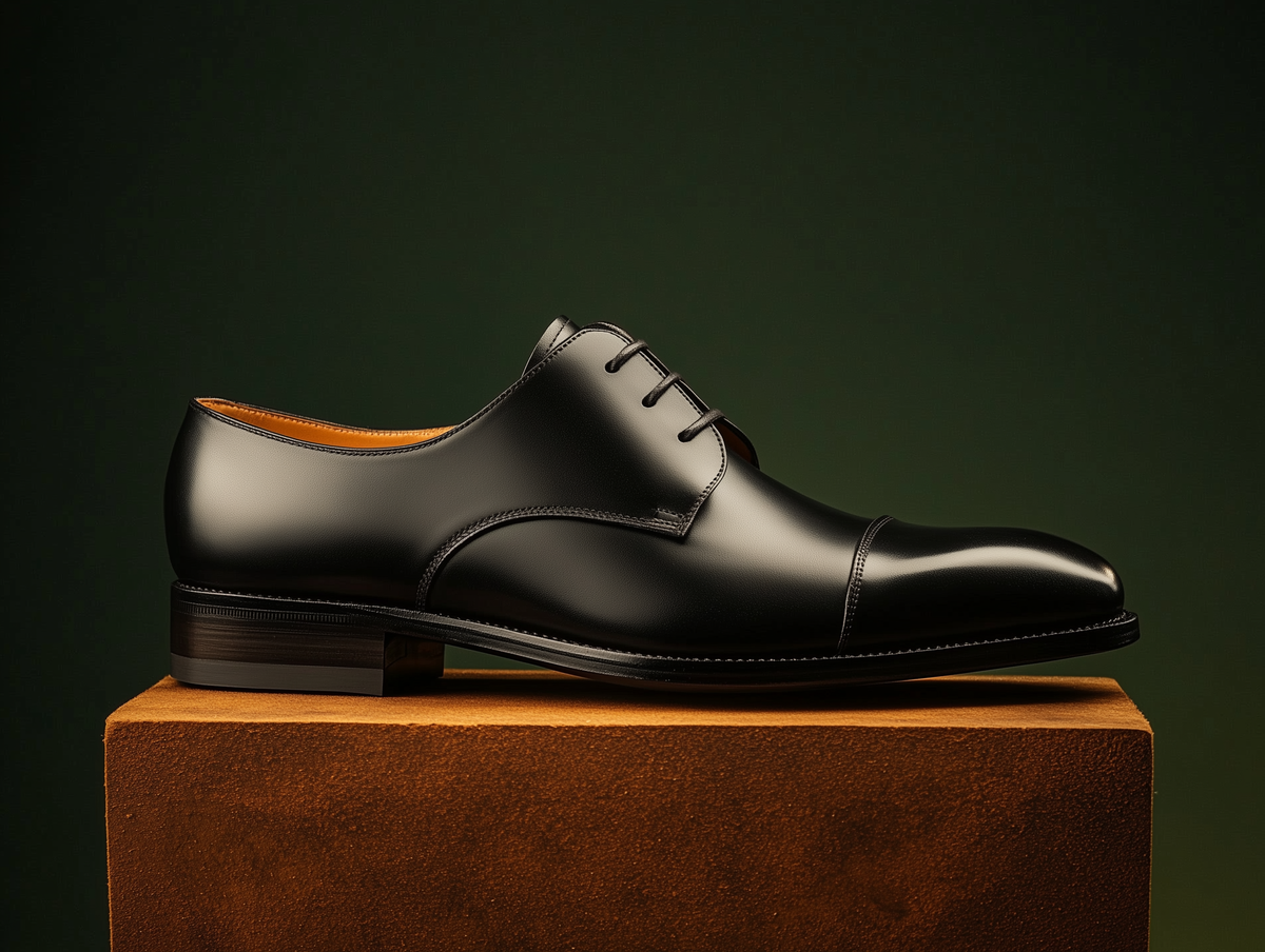 Bondeno Salvio bespoke cap-toe Derby in black calfskin, side profile on a wooden plinth