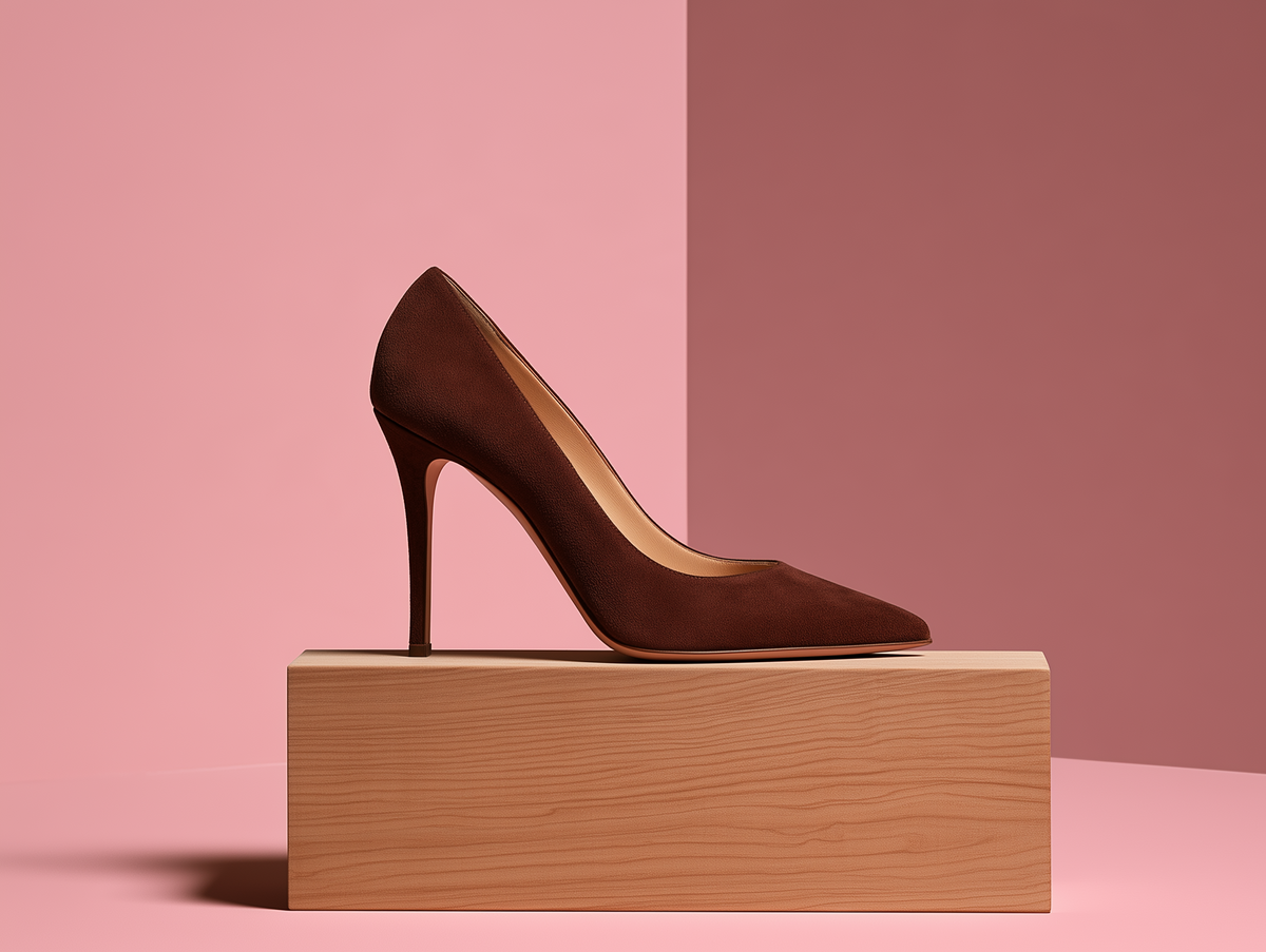 Bondeno Saveria bespoke stiletto pump in dark brown suede, side profile on a wooden block against a pink backdrop