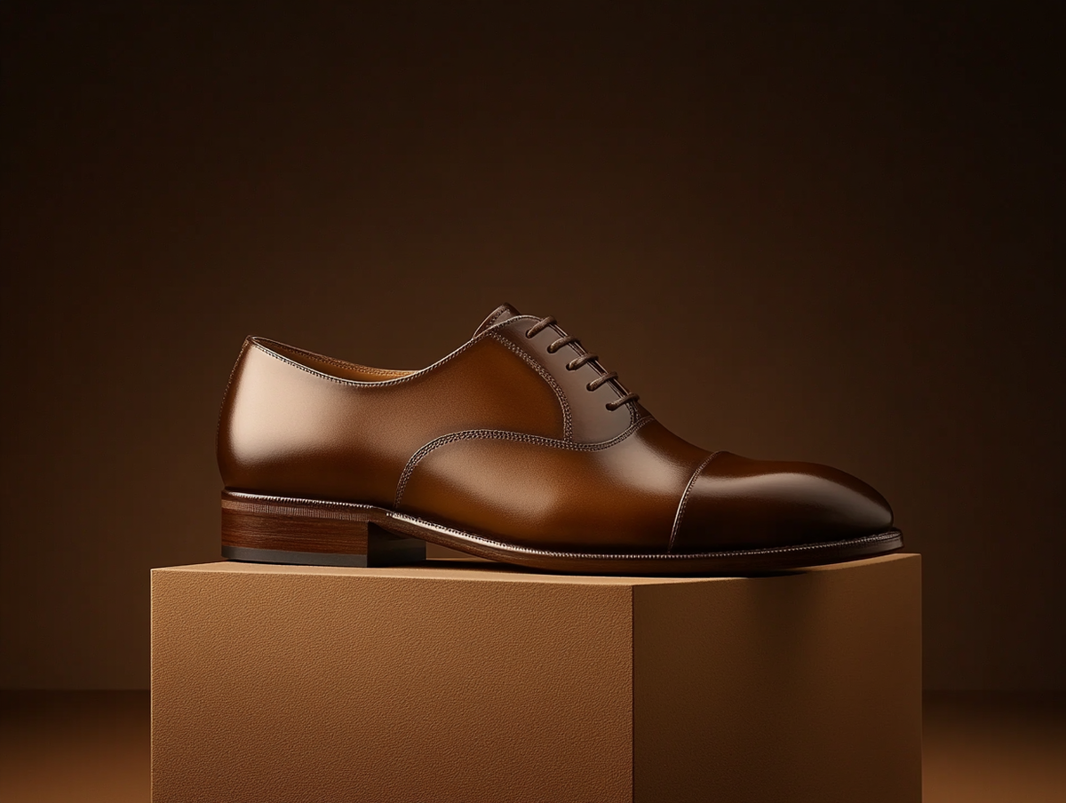 Bondeno Sergio bespoke cap-toe Oxford in brown calfskin, side profile on a wooden plinth