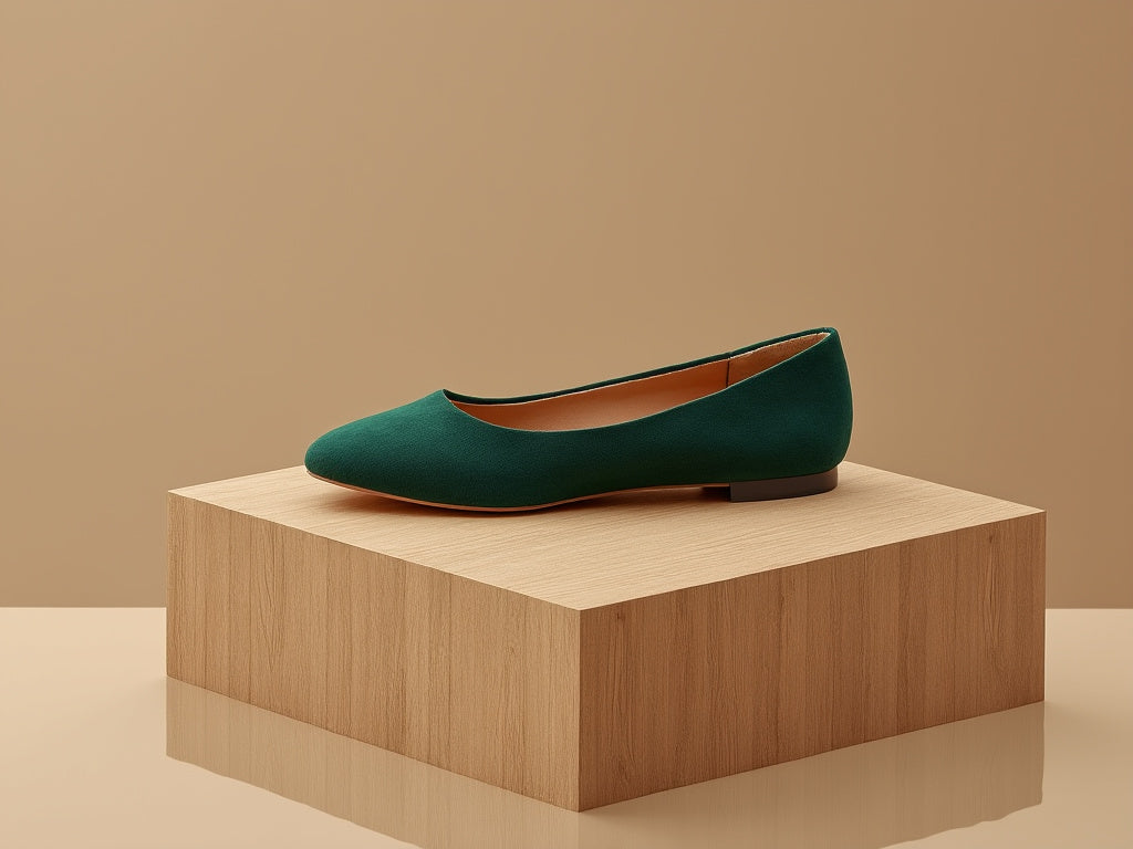 Bondeno Silvia bespoke ballet flat in green suede, side view on a wooden block