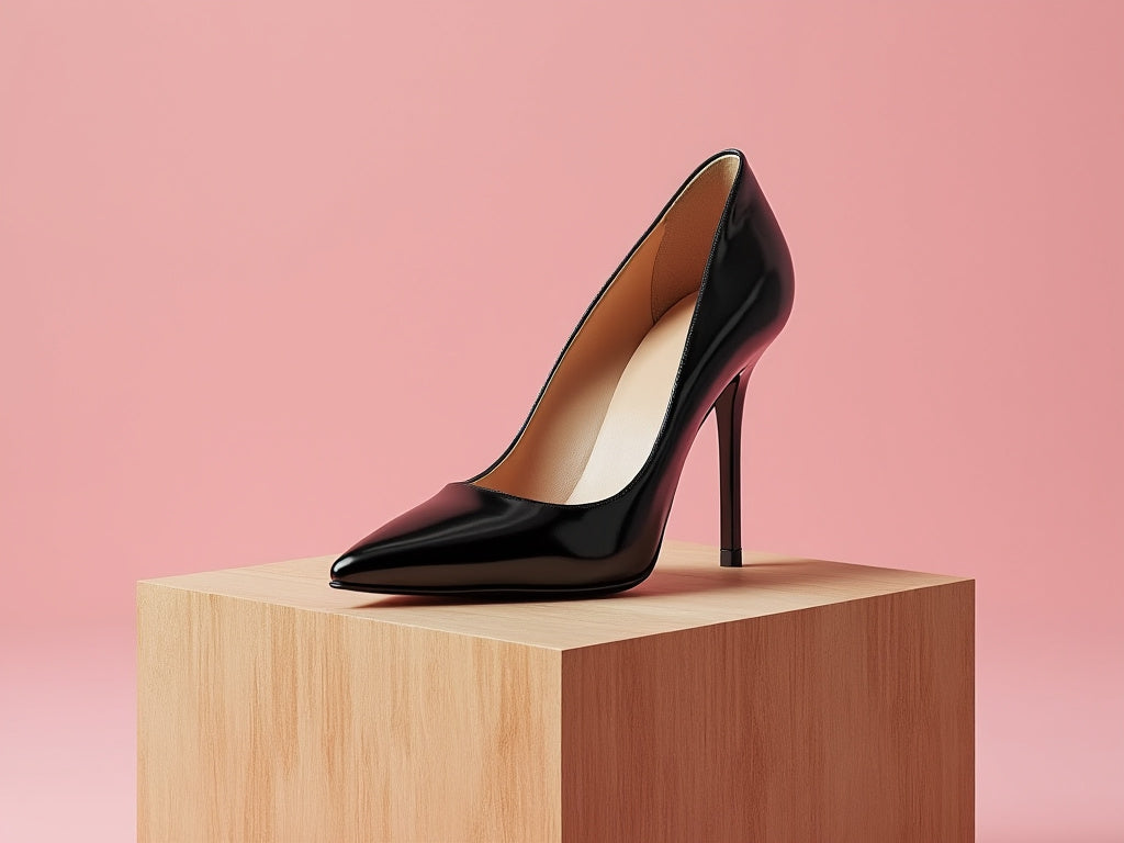 Bondeno bespoke stiletto pump in black patent leather on a wooden block against a pink backdrop