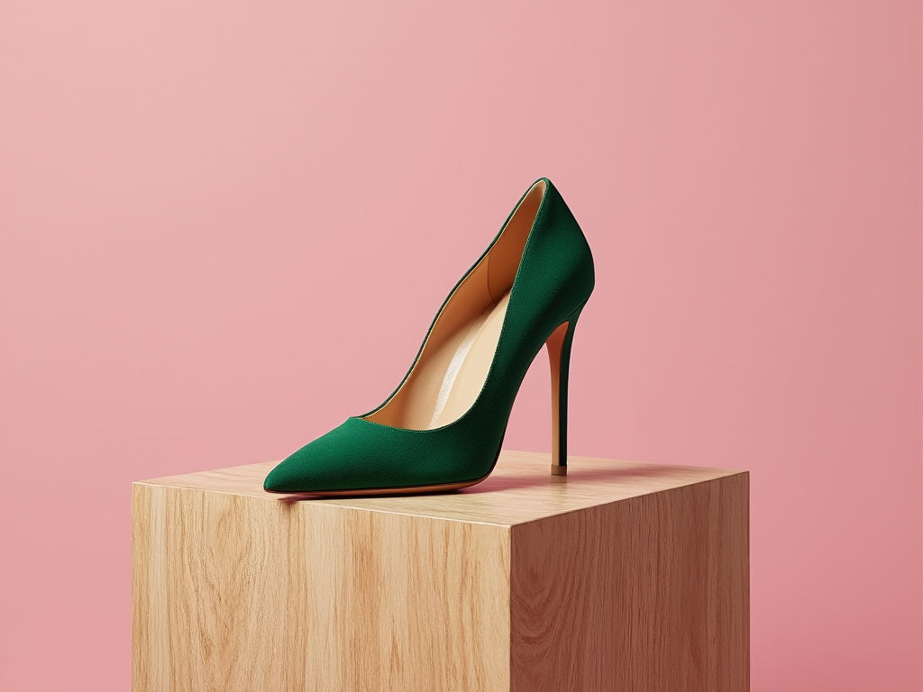 Bondeno bespoke stiletto pump in emerald green suede on a wooden block against a pink backdrop