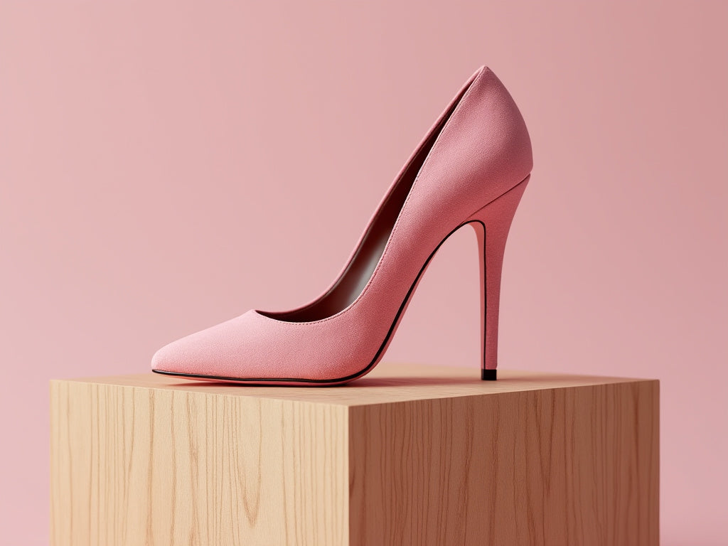 Bondeno bespoke stiletto pump in pale pink on a wooden block against a pink backdrop