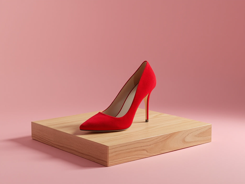 Bondeno bespoke stiletto pump in red suede on a wooden block against a pink backdrop