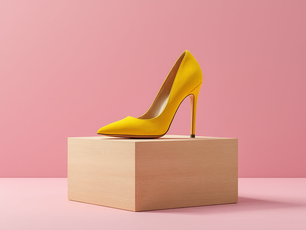 Bondeno bespoke stiletto pump in yellow on a wooden block against a pink backdrop