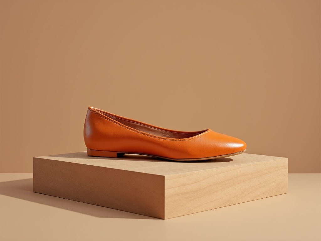 Bondeno Teresa bespoke ballet flat in pumpkin orange calfskin, side view on a wooden block