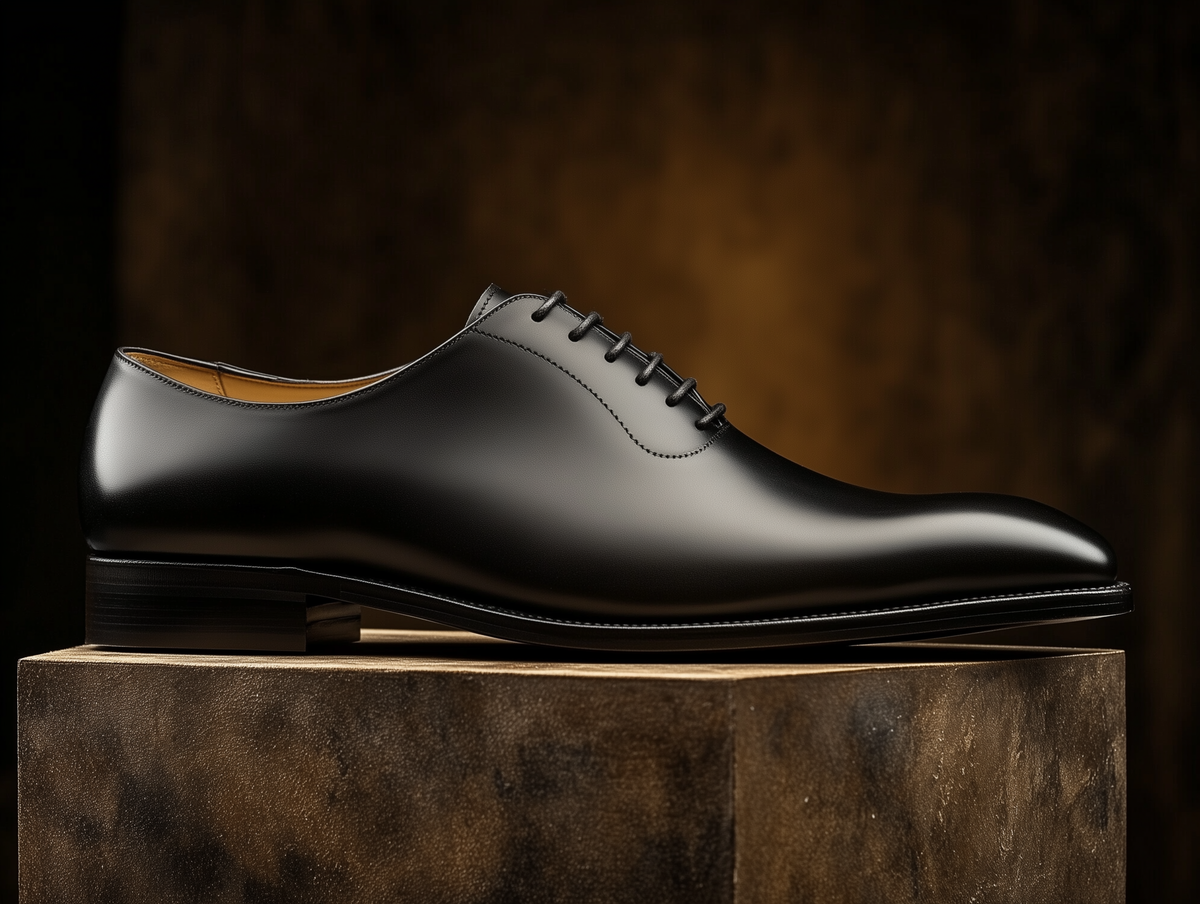 Bondeno Vittorio bespoke wholecut Oxford in black calfskin, side profile on a wooden plinth