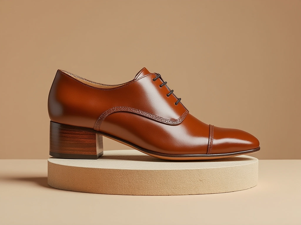 Bondeno bespoke women's cap-toe lace-up shoe with block heel in tan leather on a round plinth