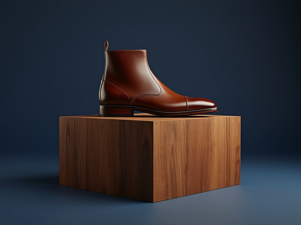 Bondeno bespoke women's Chelsea boot in brown leather against a navy backdrop