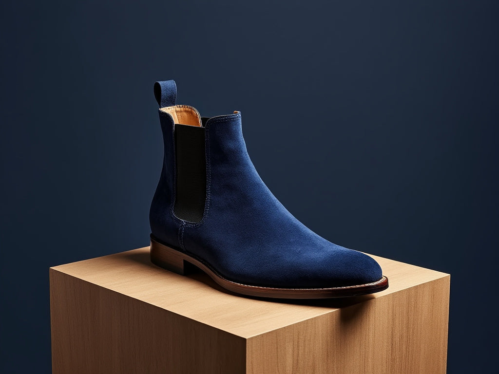 Bondeno bespoke women's Chelsea boot in navy blue suede against a navy backdrop