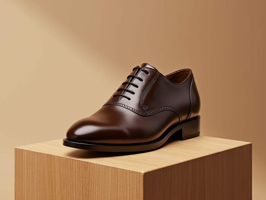 Bondeno bespoke women's Derby shoe in dark brown leather on a wooden block