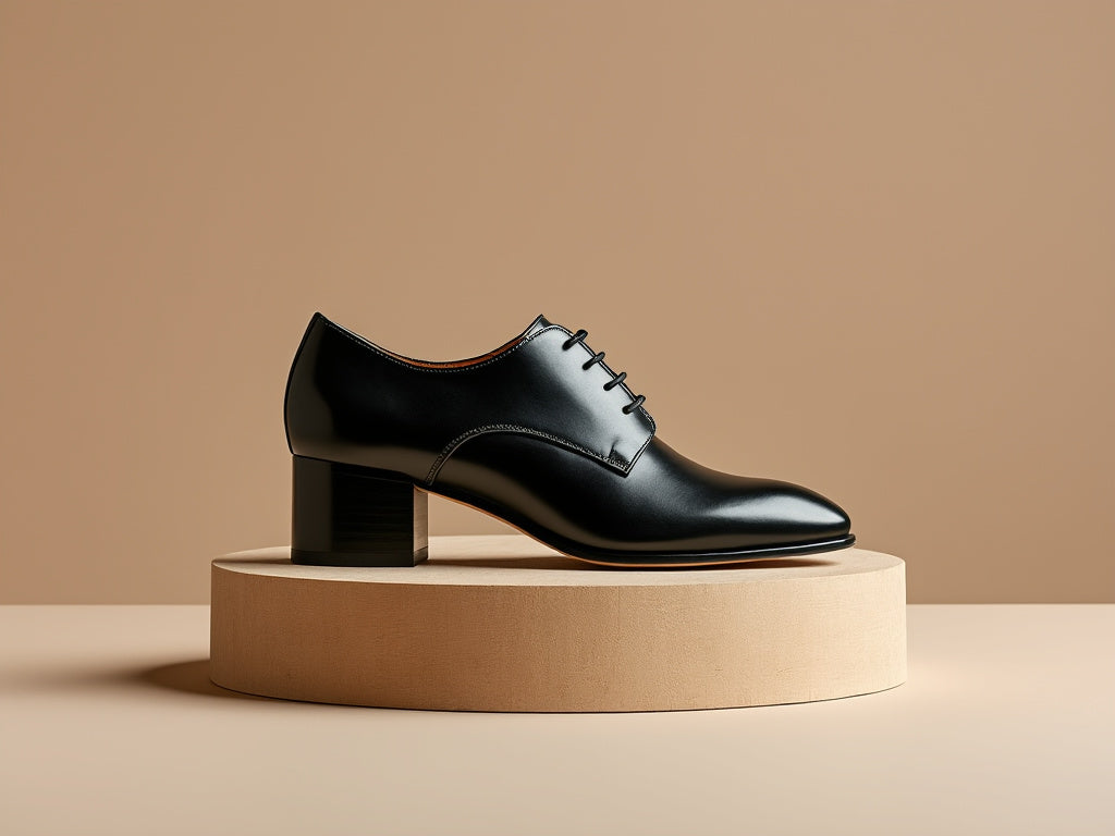 Bondeno bespoke women's lace-up shoe with block heel in black leather on a round plinth