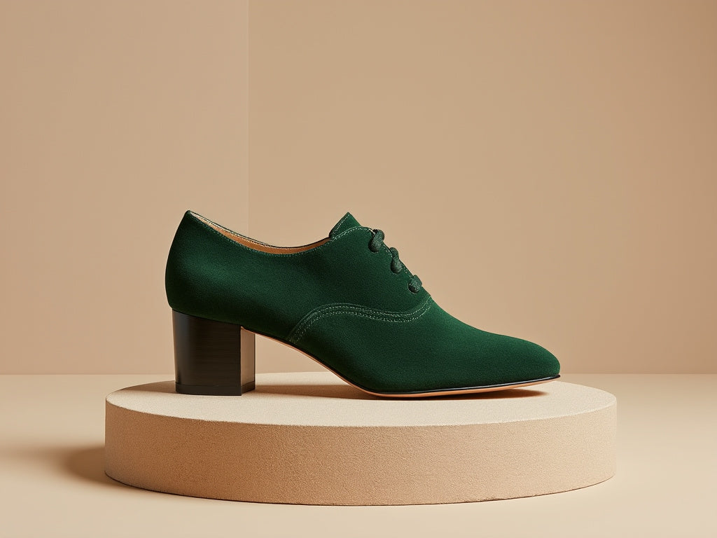 Bondeno bespoke women's lace-up shoe with block heel in forest green suede on a round plinth