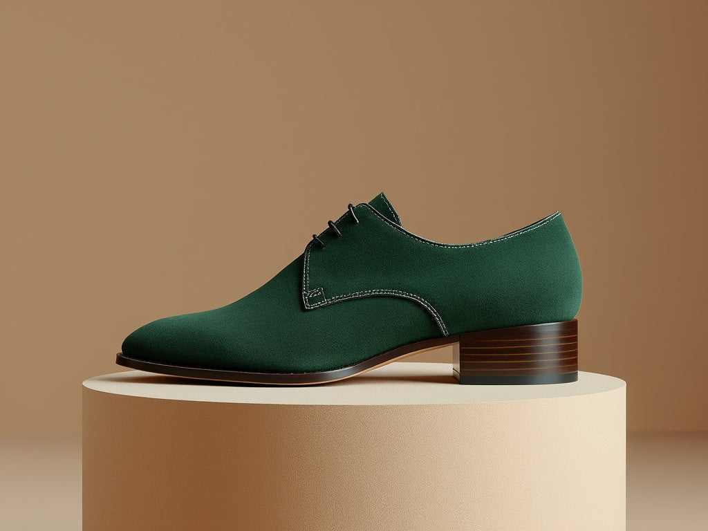 Bondeno bespoke women's lace-up shoe with block heel in green suede on a wooden plinth