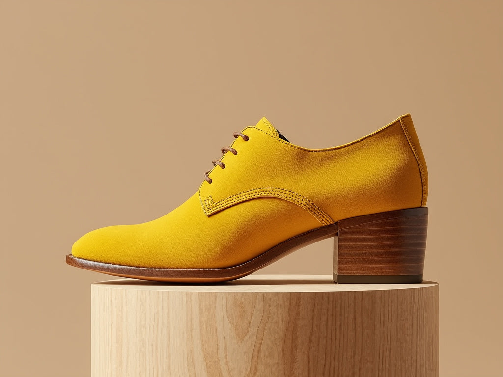 Bondeno bespoke women's lace-up shoe with block heel in yellow on a round plinth