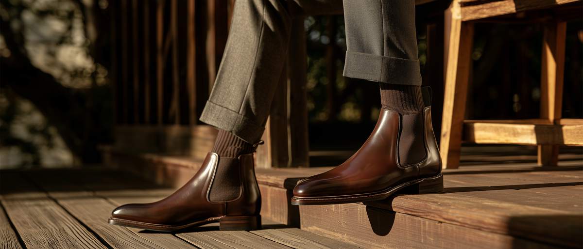 Bondeno bespoke dark brown calf leather Chelsea boots for men, worn with grey flannel trousers