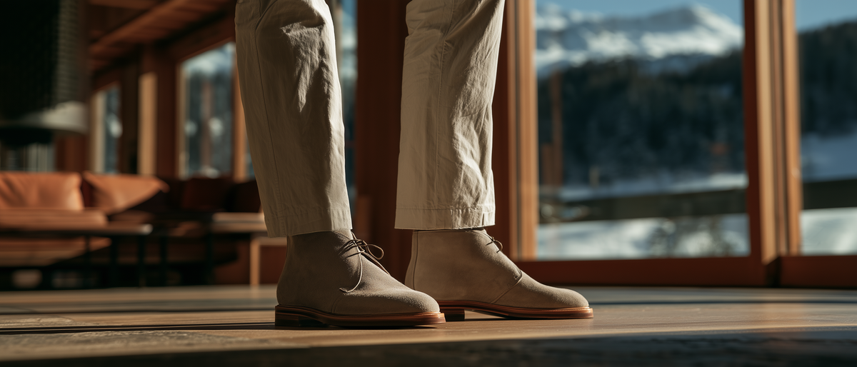 Bondeno bespoke sand suede chukka boots for men, worn with stone chinos in a mountain chalet