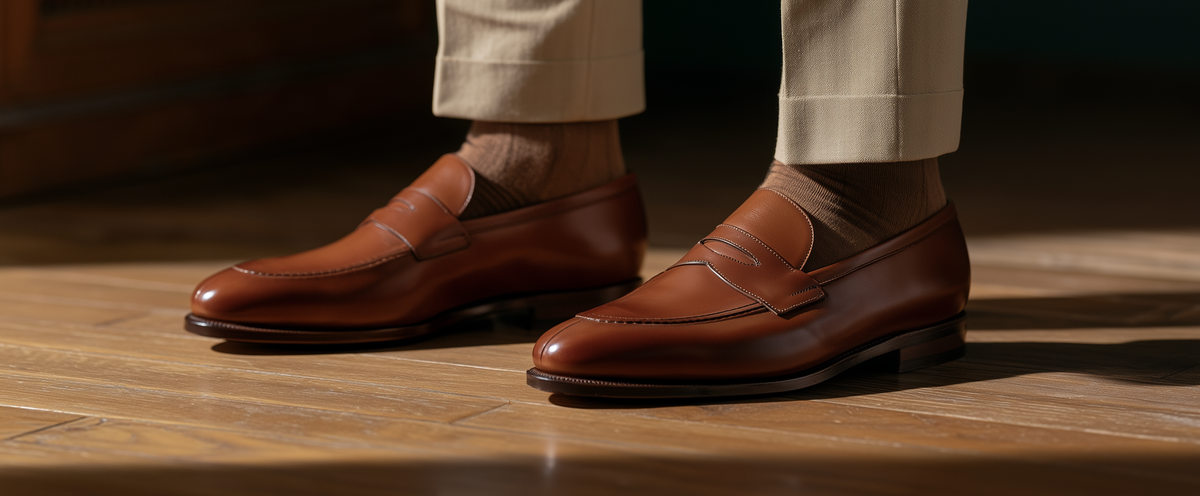 Bondeno bespoke tan calf leather penny loafers for men, worn with cuffed beige trousers