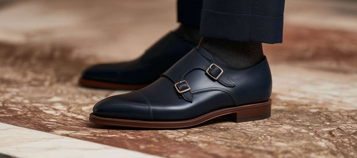 Bondeno bespoke navy calf double monk strap shoes for men, with cap toes and leather soles