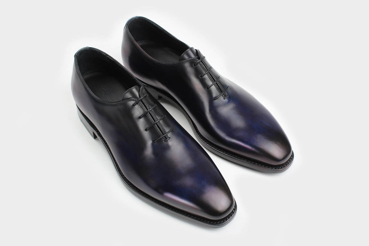 Bondeno Andrea bespoke wholecut Oxford in hand-painted navy blue calfskin, pair, three-quarter view from above
