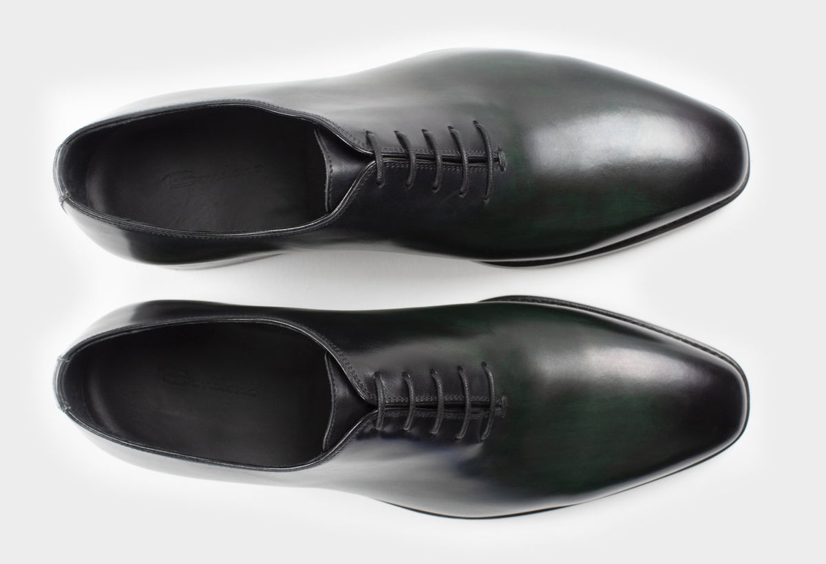Bondeno Bruno bespoke wholecut Oxford in hand-painted pine green calfskin, pair seen from above