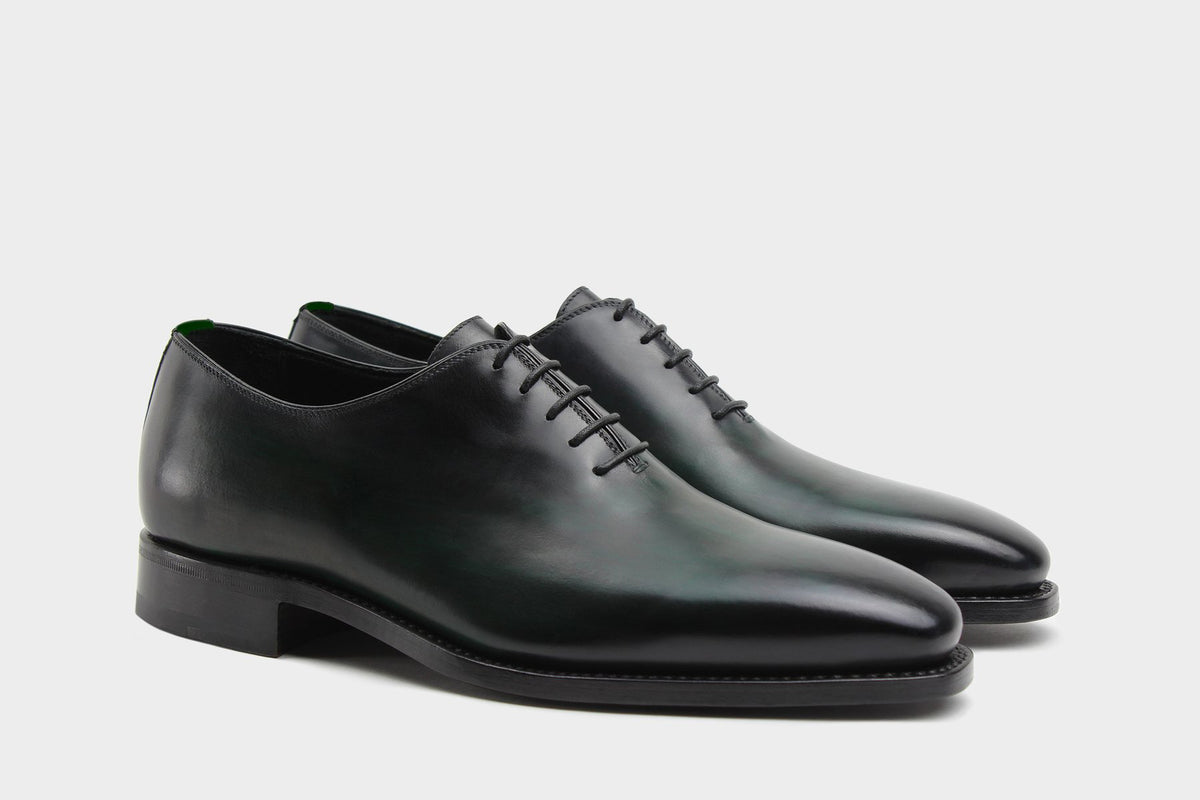 Bondeno Bruno bespoke wholecut Oxford in hand-painted pine green calfskin, pair, side view