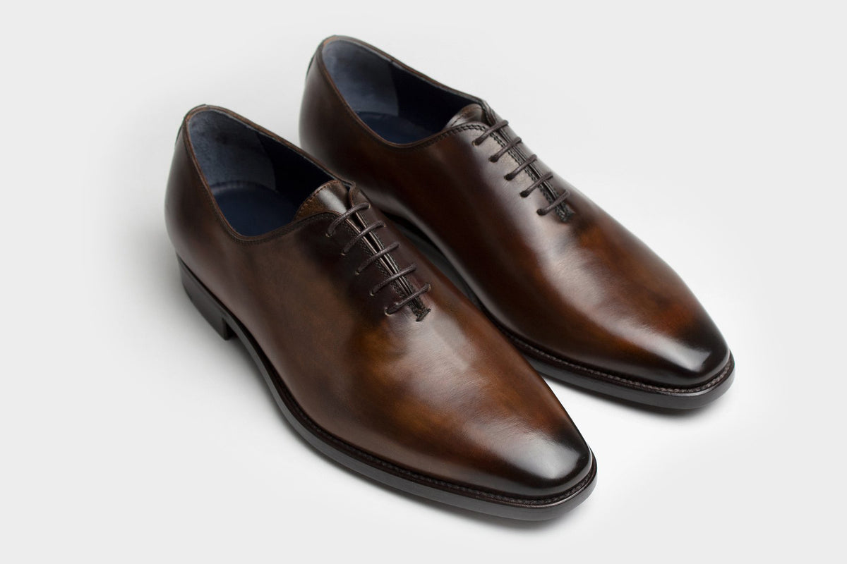Bondeno Carlo bespoke wholecut Oxford in hand-painted brown calfskin, pair, three-quarter view from above