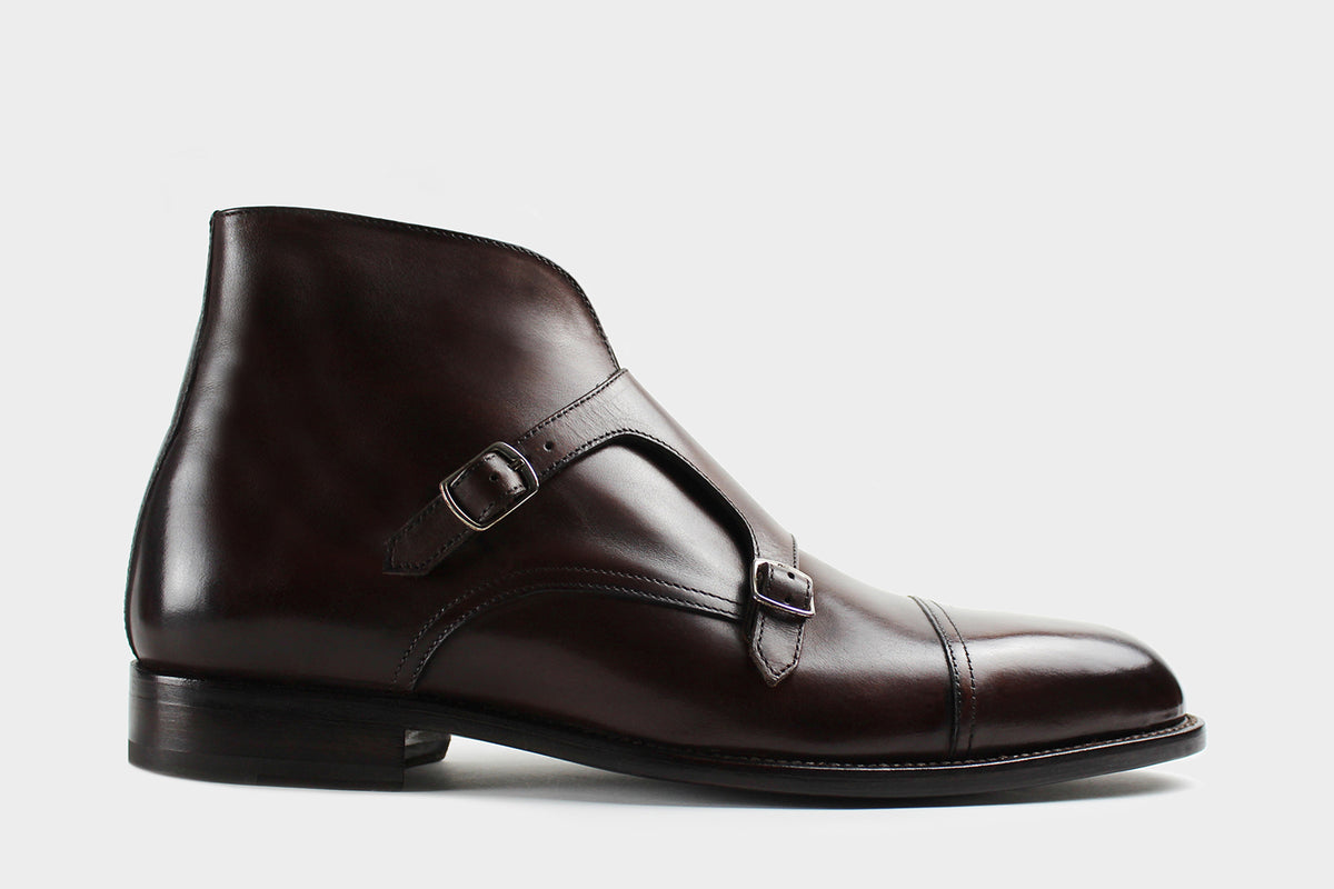 Bondeno Enzo bespoke monk strap boot in hand-painted hickory calfskin, side profile