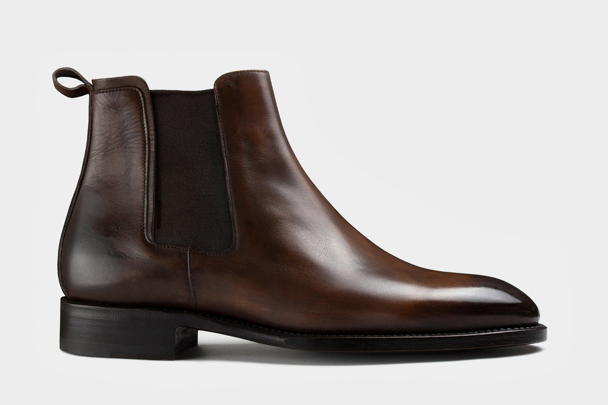 Bondeno Marino bespoke Chelsea boot in hand-painted brown calfskin, side profile