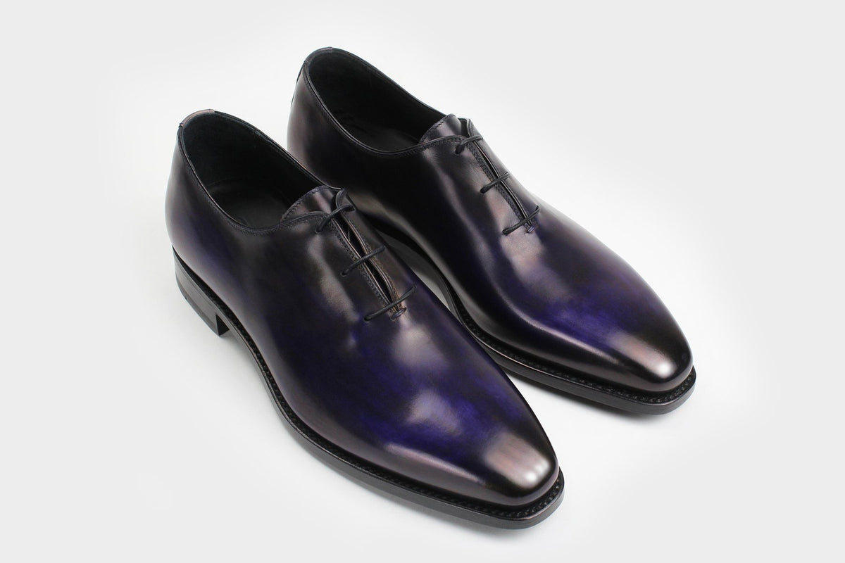Bondeno Mateo bespoke wholecut Oxford in hand-painted violet calfskin, pair, three-quarter view from above